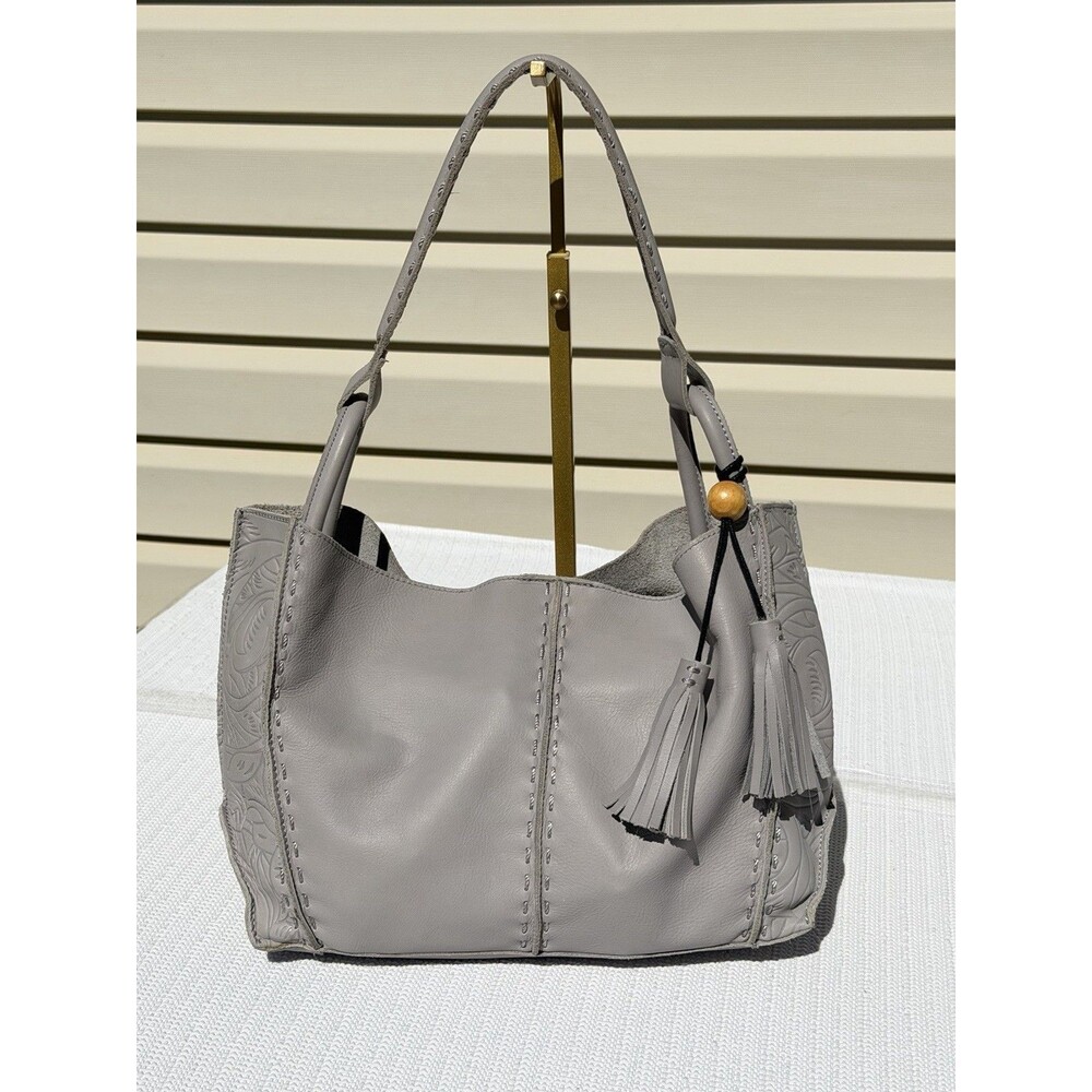 The Sak Los Feliz Medium Leather Shoulder Bag Gray Tooled Floral Tassel Boho